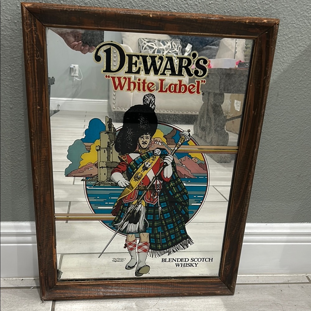 Vintage Dewar's White Label Mirror Signage “The Dewar Highlander”